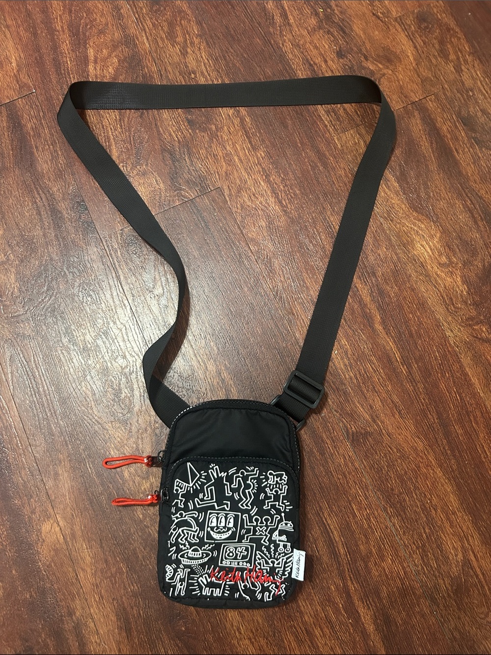 Black Graphic Crossbody Sling Bag with White Sketch Print